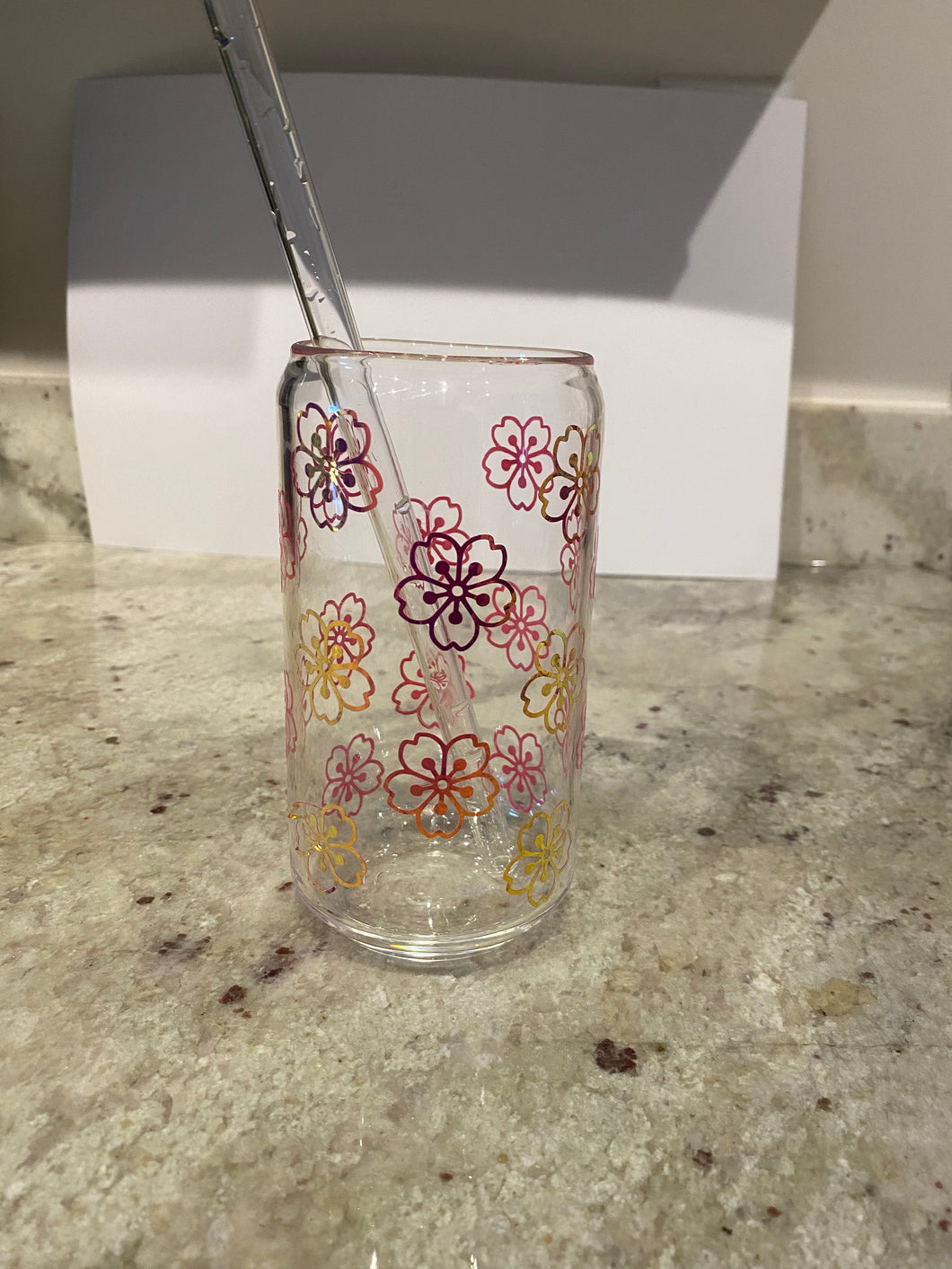 Sakura Pattern Glass Cup and Straw